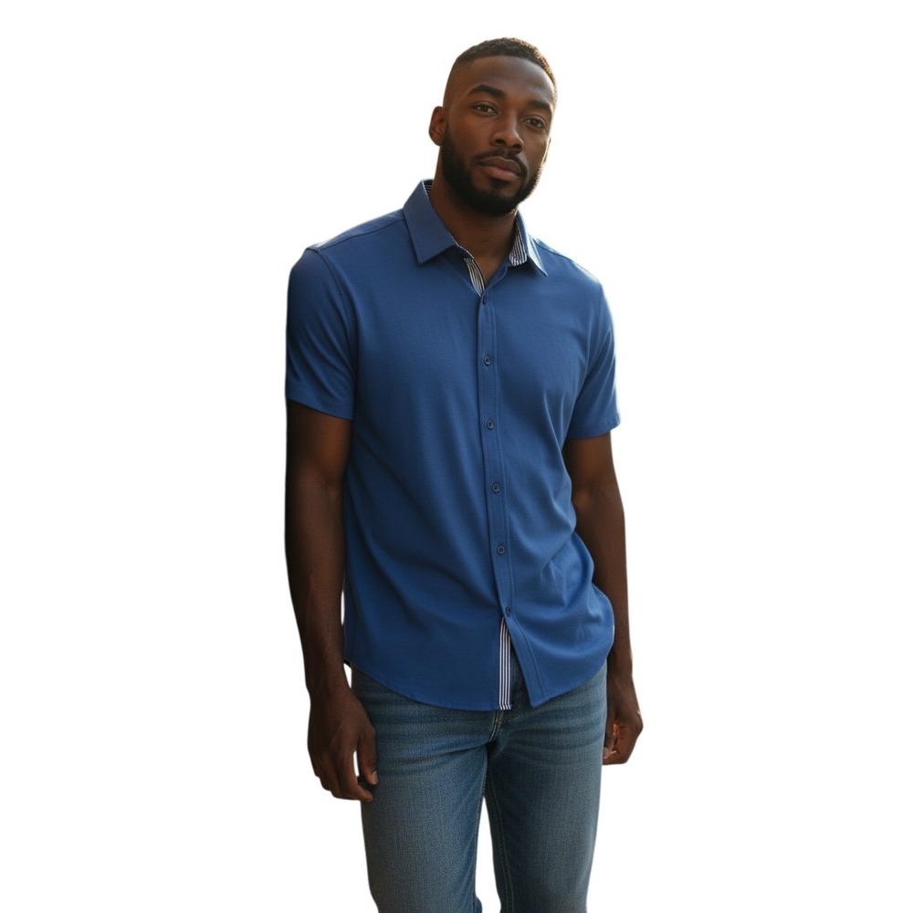 Buttercloth Icy Cotton Shirt Mens L Slim Fit Blue Short Sleeve, Stretch